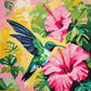 green hummingbird with blue wings hovering near pink hibiscus flowers and tropical leaves, paint by numbers kit