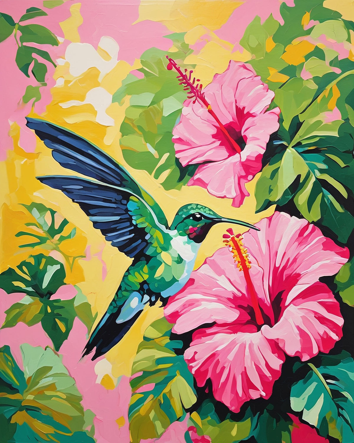 green hummingbird with blue wings hovering near pink hibiscus flowers and tropical leaves, paint by numbers kit