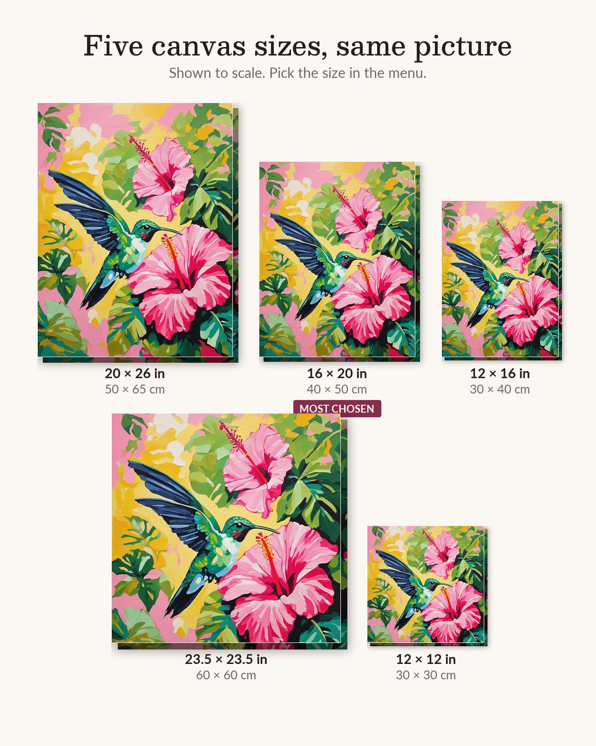 Hummingbird and Pink Hibiscus canvas sizes from 12 x 12 to 23.5 x 23.5 inches