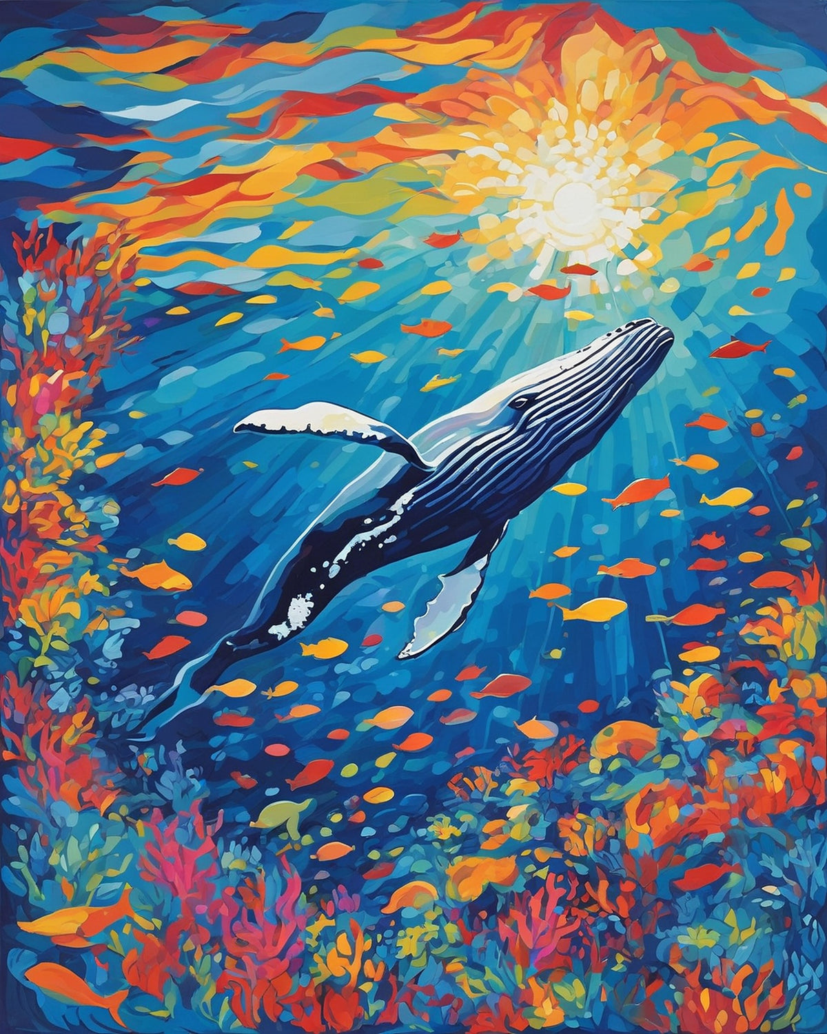 humpback whale swimming in deep blue ocean with small orange fish, coral and sun rays, paint by numbers kit