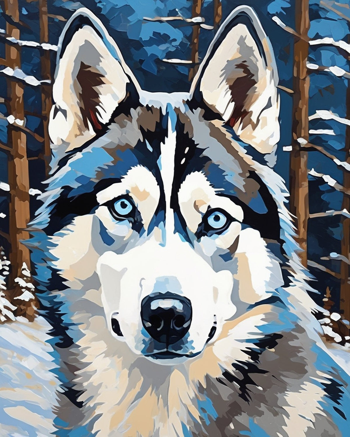 Husky in the Snowfall paint by numbers kit, Siberian husky with blue eyes in falling snow
