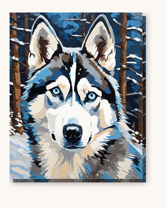 Husky in the Snowfall paint by numbers kit on stretched canvas