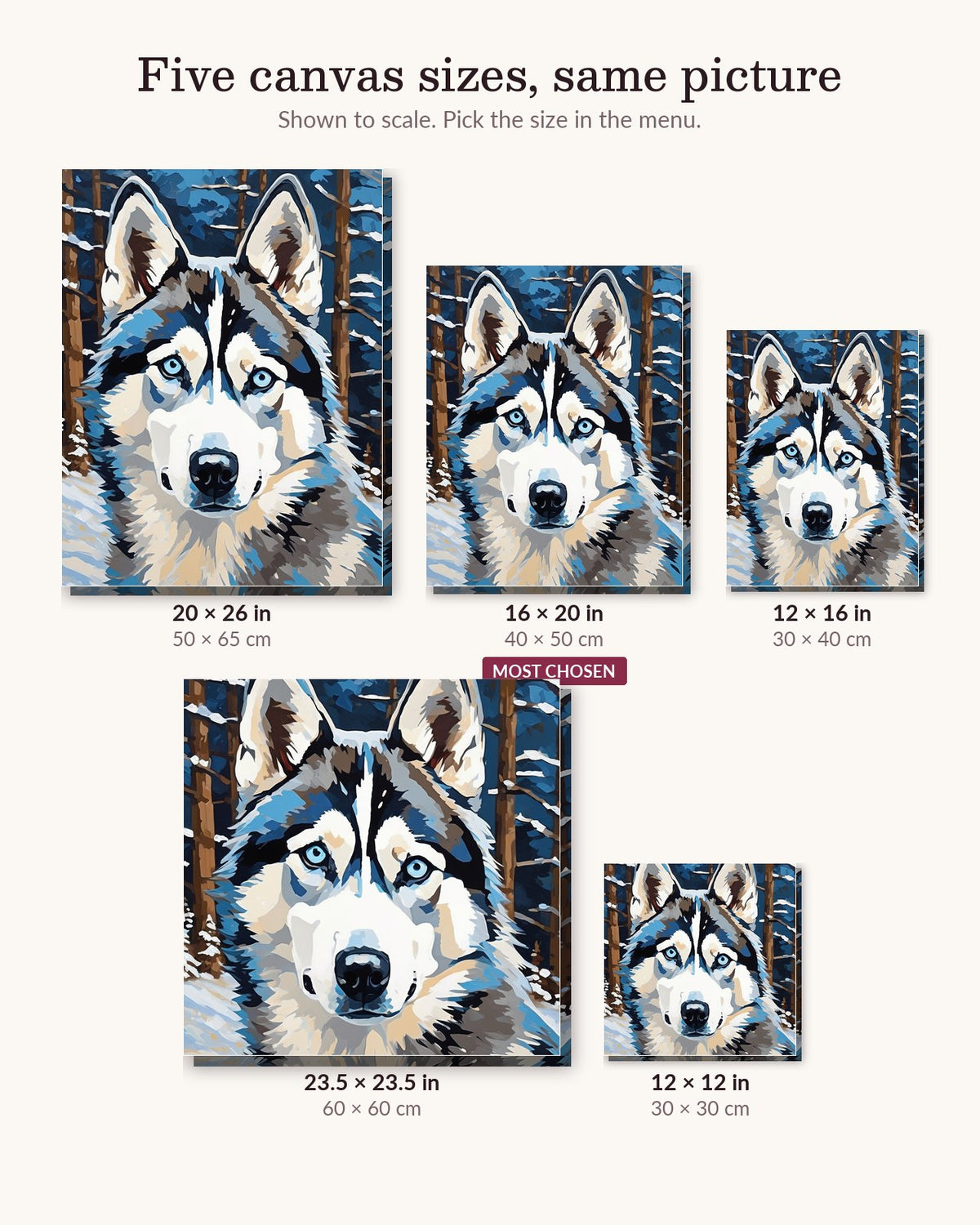 Husky in the Snowfall canvas sizes from 12 x 12 to 23.5 x 23.5 inches