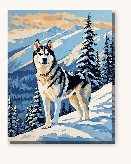 Husky in the Snowy Mountains paint by numbers kit on stretched canvas