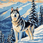 husky with blue eyes standing on a snowy slope with pine trees and mountains, paint by numbers kit