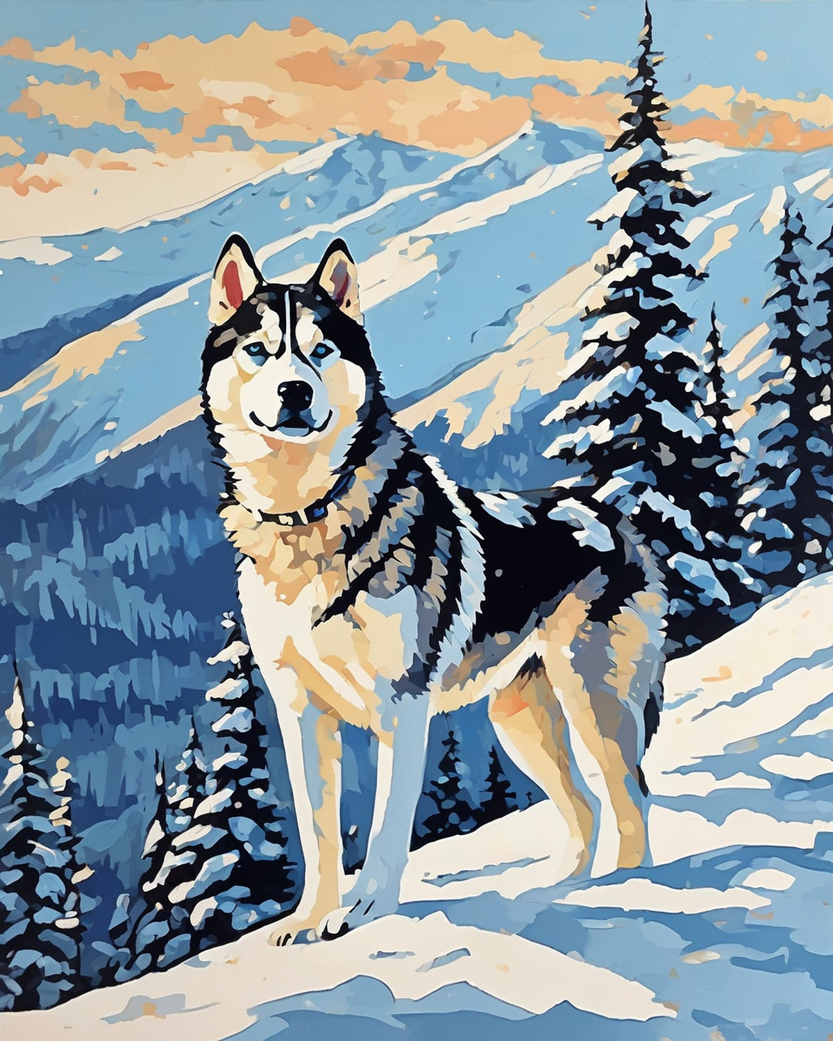 husky with blue eyes standing on a snowy slope with pine trees and mountains, paint by numbers kit