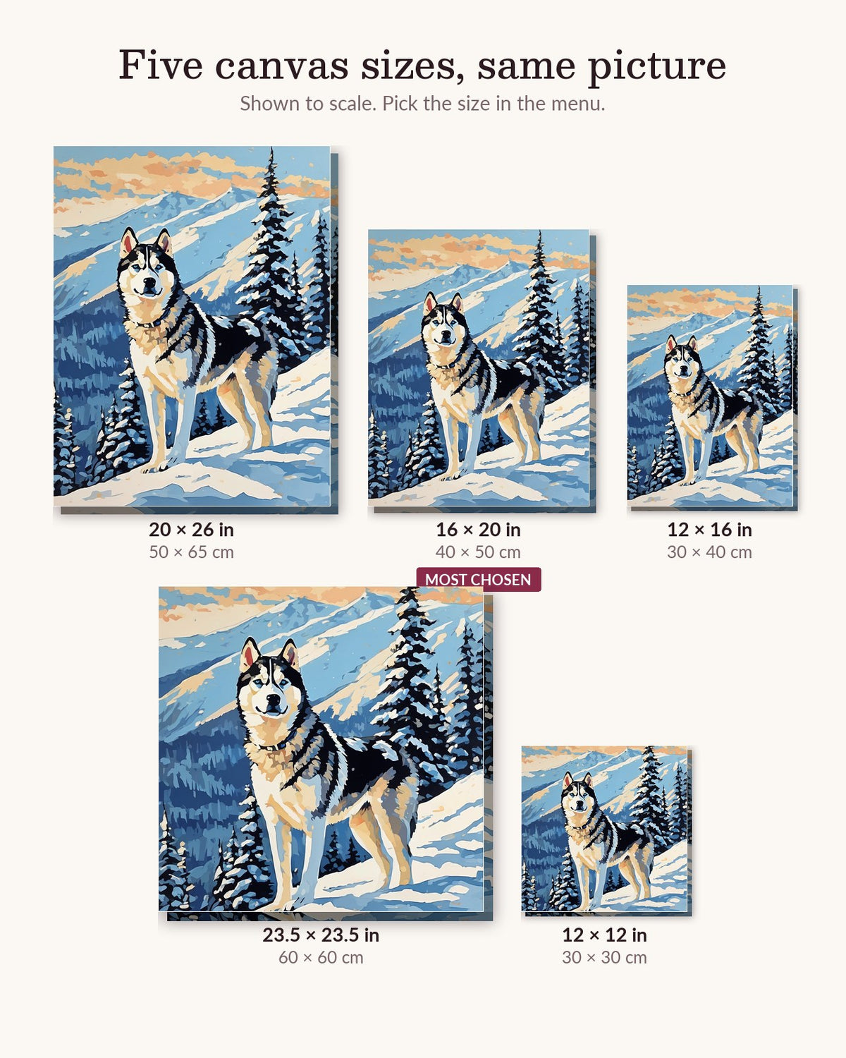 Husky in the Snowy Mountains canvas sizes from 12 x 12 to 23.5 x 23.5 inches