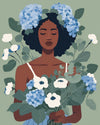 Hydrangea Dreamer paint by numbers kit, woman with closed eyes holding blue hydrangeas and white anemones on sage green