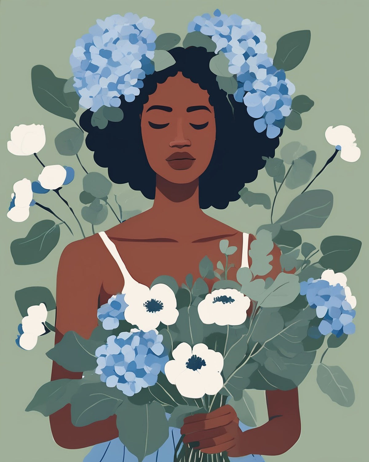 Hydrangea Dreamer paint by numbers kit, woman with closed eyes holding blue hydrangeas and white anemones on sage green