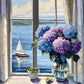 Hydrangeas by the Sea Window paint by numbers kit, blue hydrangeas in a vase by a window facing the sea