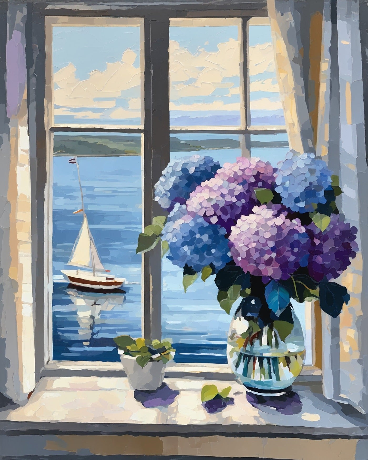 Hydrangeas by the Sea Window paint by numbers kit, blue hydrangeas in a vase by a window facing the sea
