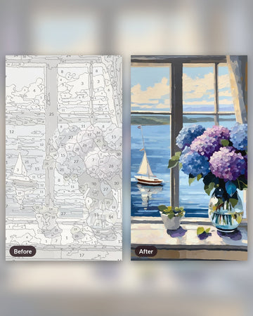 Hydrangeas by the Sea Window paint by numbers kit, before and after