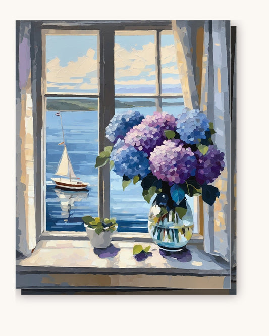 Hydrangeas by the Sea Window paint by numbers kit on stretched canvas