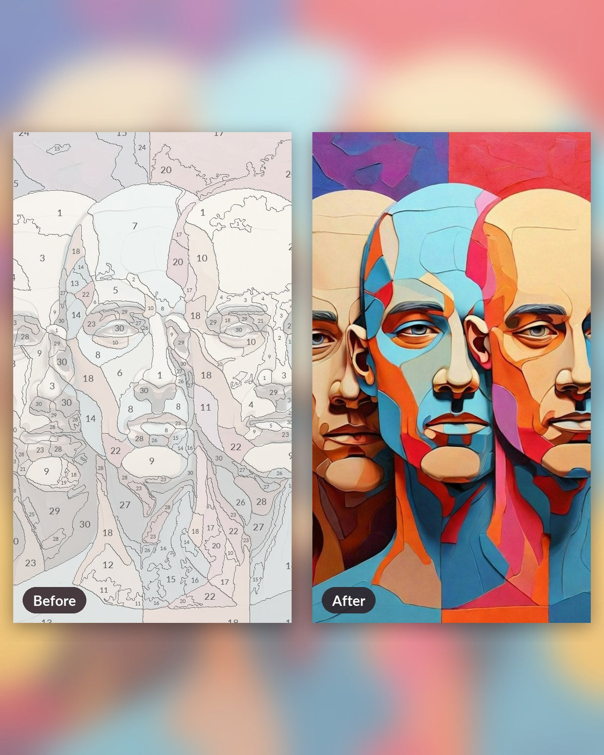 Illustrated Men paint by numbers kit, before and after