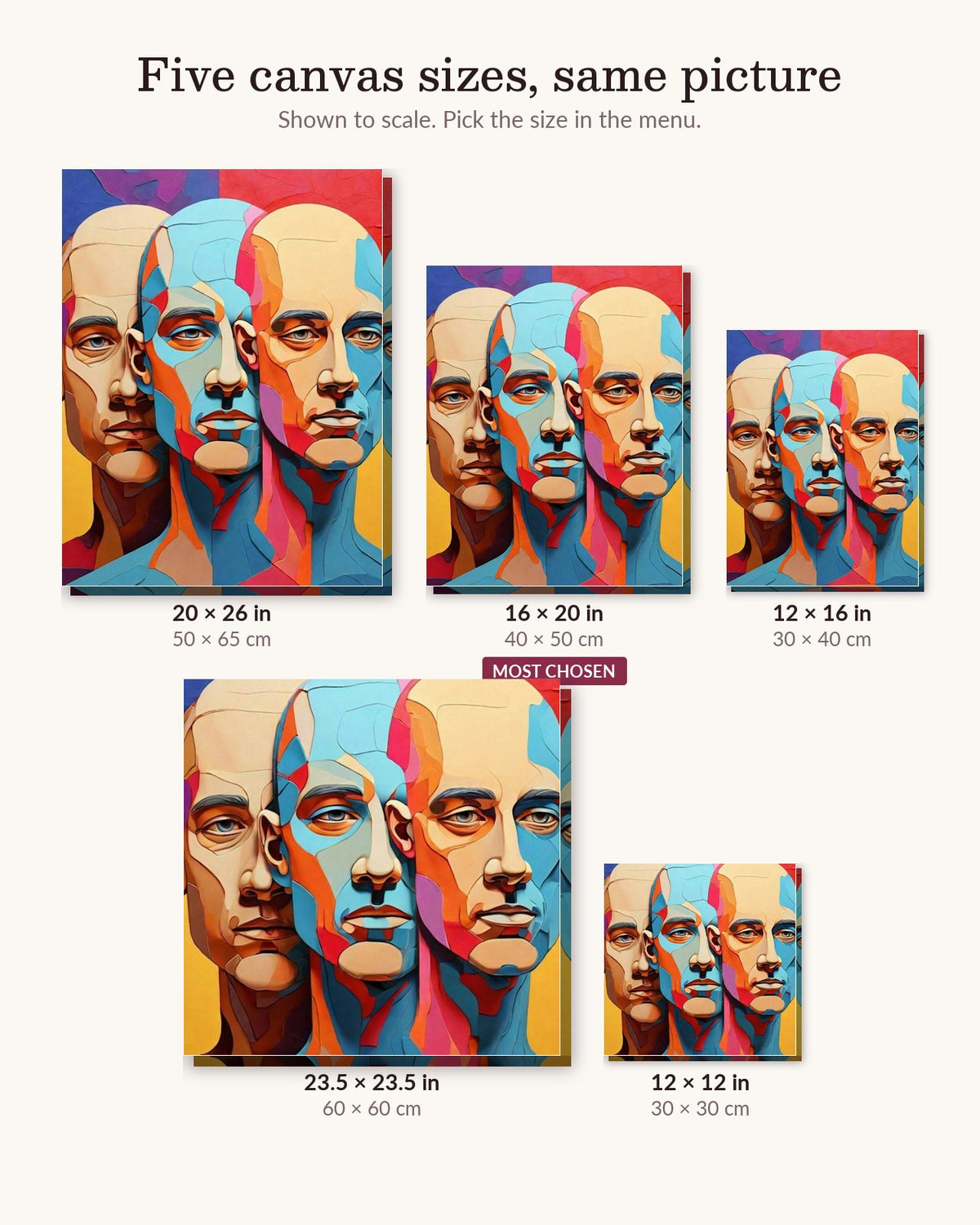 Illustrated Men canvas sizes from 12 x 12 to 23.5 x 23.5 inches