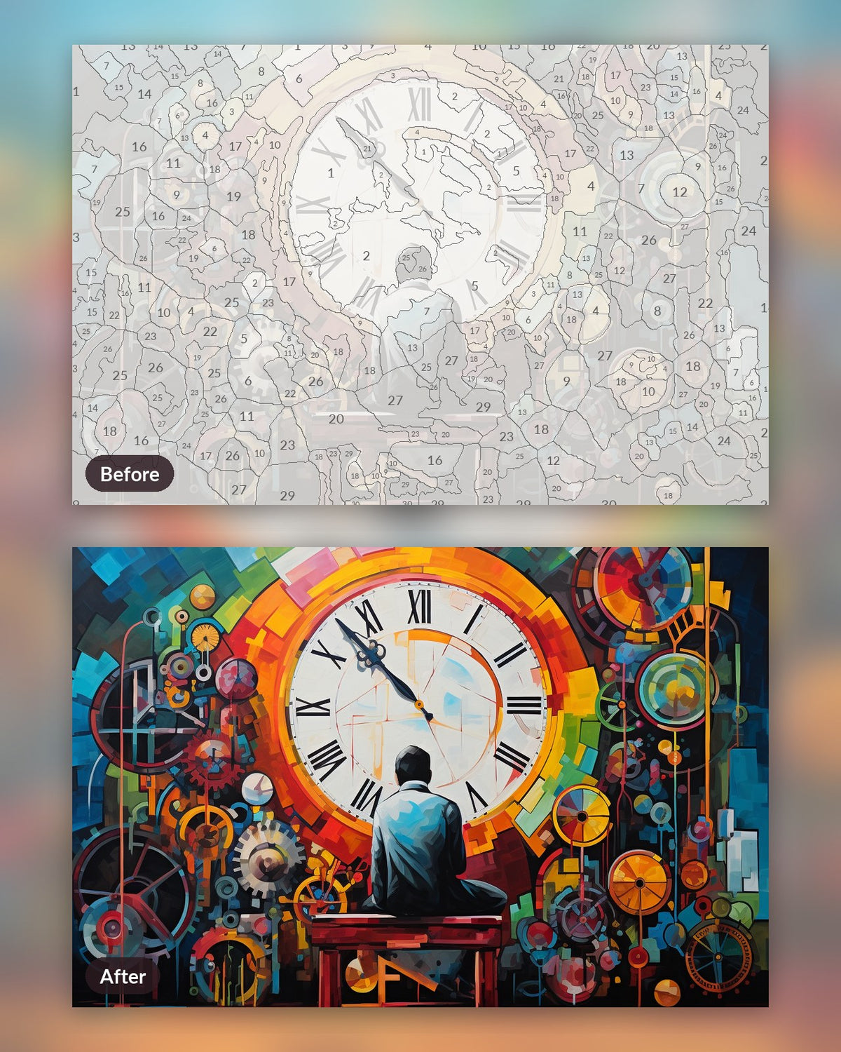 Industrial Chaos paint by numbers kit, before and after