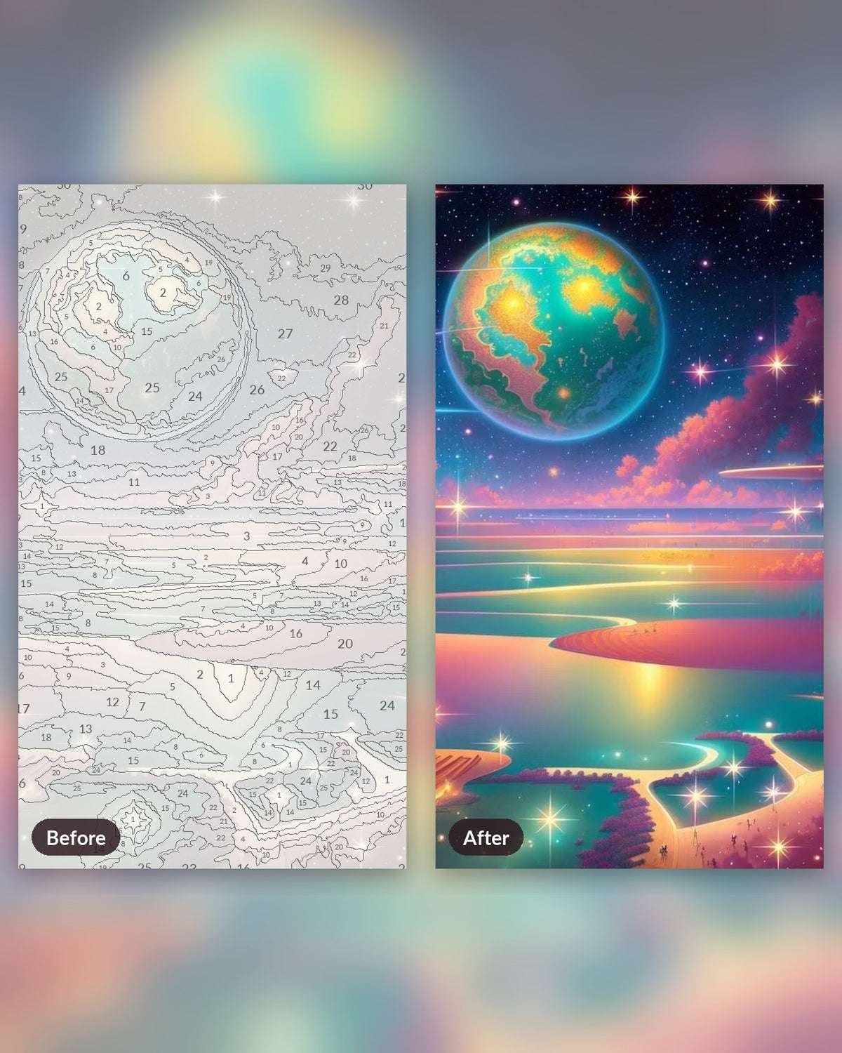 Interstellar Sea paint by numbers kit, before and after