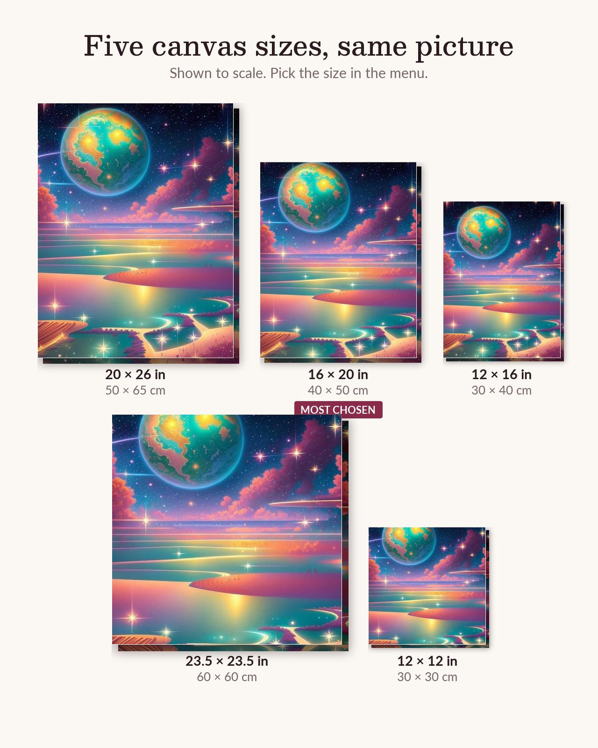 Interstellar Sea canvas sizes from 12 x 12 to 23.5 x 23.5 inches