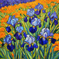 Irises after Van Gogh paint by numbers kit, blue violet irises and orange marigolds in Van Gogh's style