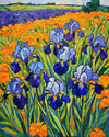 Irises after Van Gogh paint by numbers kit, blue violet irises and orange marigolds in Van Gogh's style