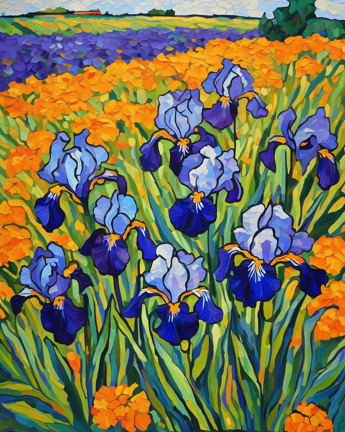 Irises after Van Gogh paint by numbers kit, blue violet irises and orange marigolds in Van Gogh's style