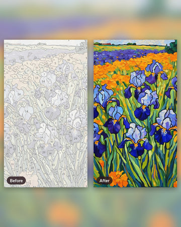 Irises after Van Gogh paint by numbers kit, before and after