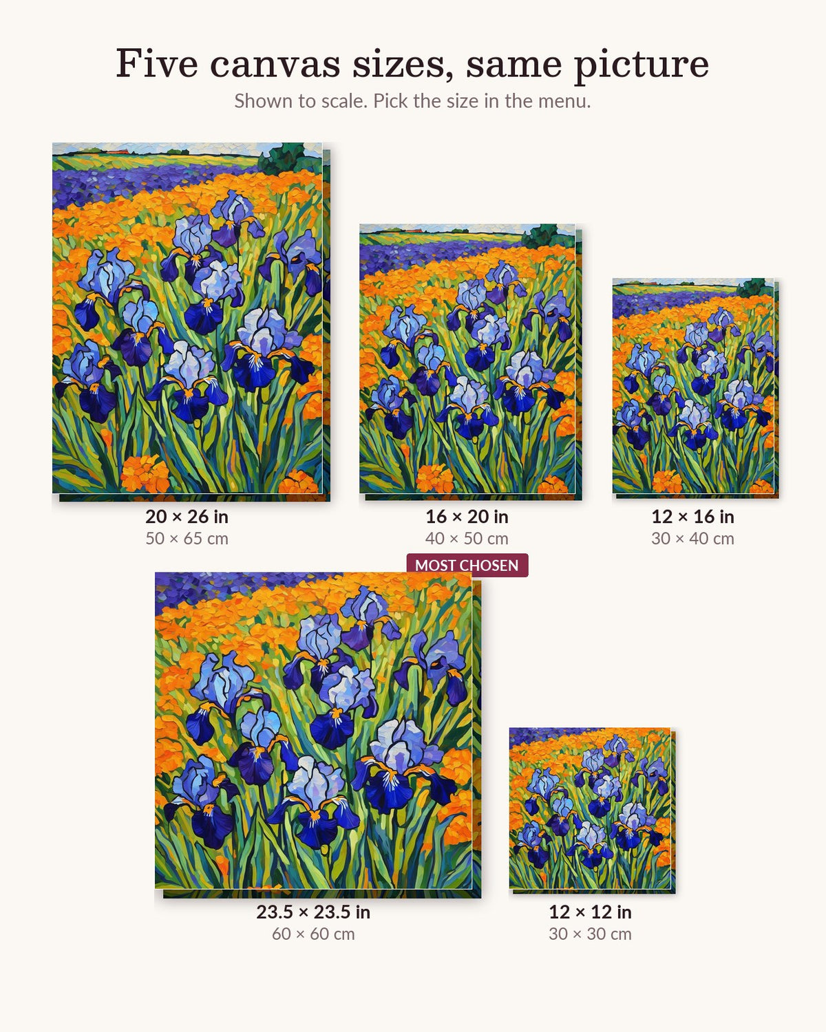 Irises after Van Gogh canvas sizes from 12 x 12 to 23.5 x 23.5 inches