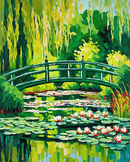 Japanese Footbridge after Monet paint by numbers kit, a green arched footbridge over a lily pond in Monet's impressionist style