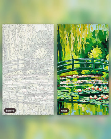 Japanese Footbridge after Monet paint by numbers kit, before and after