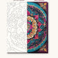 Jewel Tone Lotus Mandala numbered canvas next to the finished painting