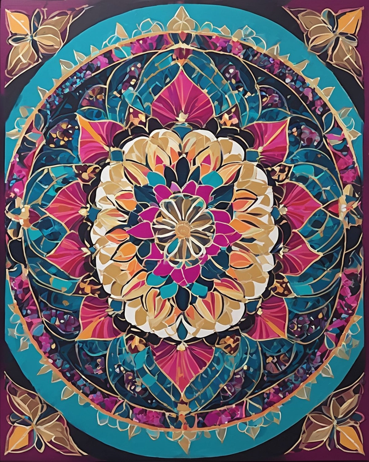 jewel tone lotus mandala paint by numbers kit with magenta, teal and gold petals