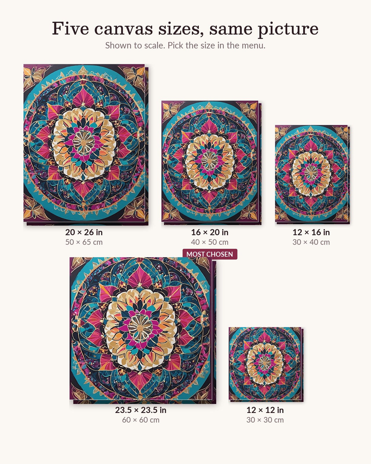 Jewel Tone Lotus Mandala canvas sizes from 12 x 12 to 23.5 x 23.5 inches
