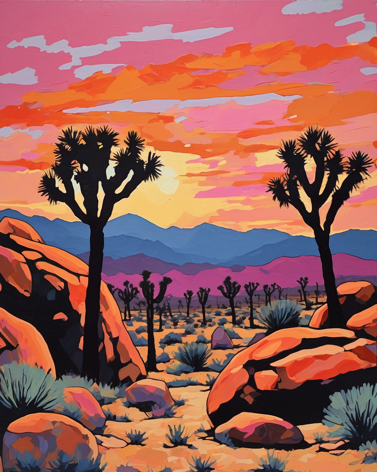 black joshua trees and round orange rocks under a pink and orange sunset sky, paint by numbers kit