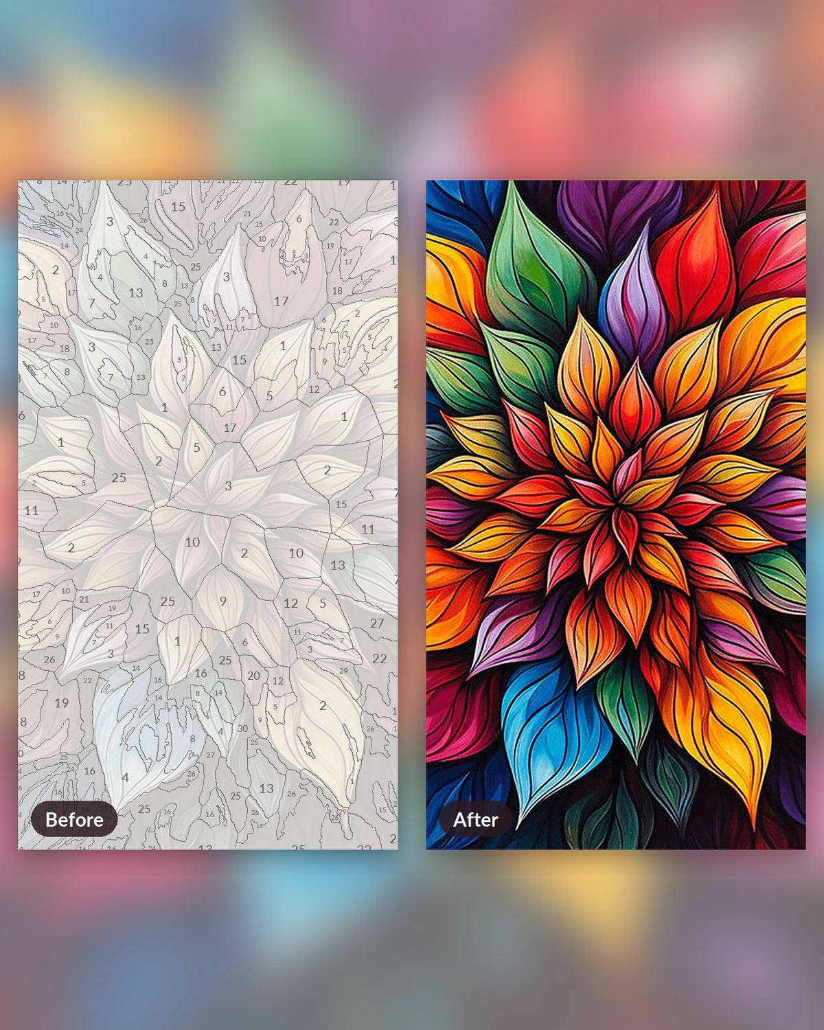 Kaleidoscopic Foliage paint by numbers kit, before and after
