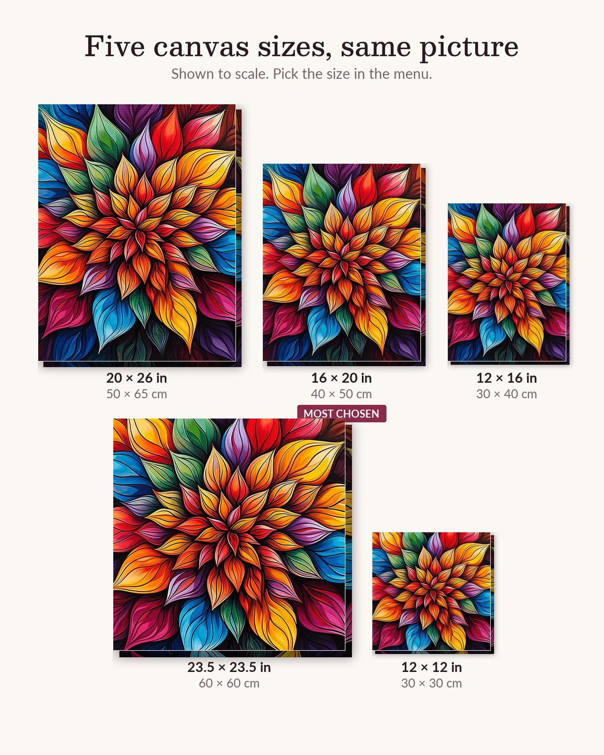 Kaleidoscopic Foliage canvas sizes from 12 x 12 to 23.5 x 23.5 inches