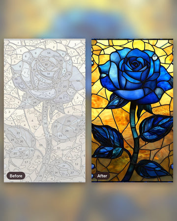 Blue Glass Flower paint by numbers kit, before and after