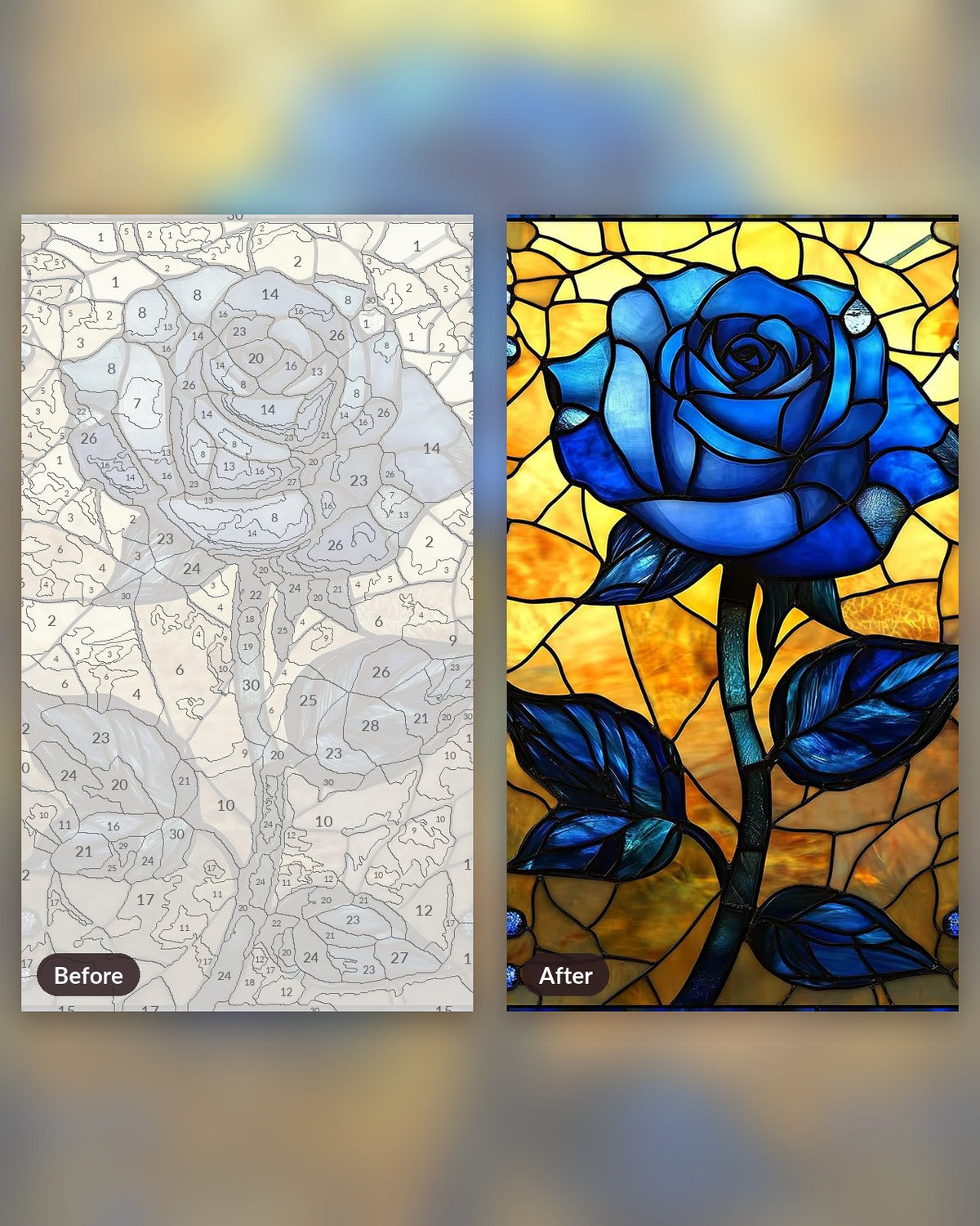Blue Glass Flower paint by numbers kit, before and after