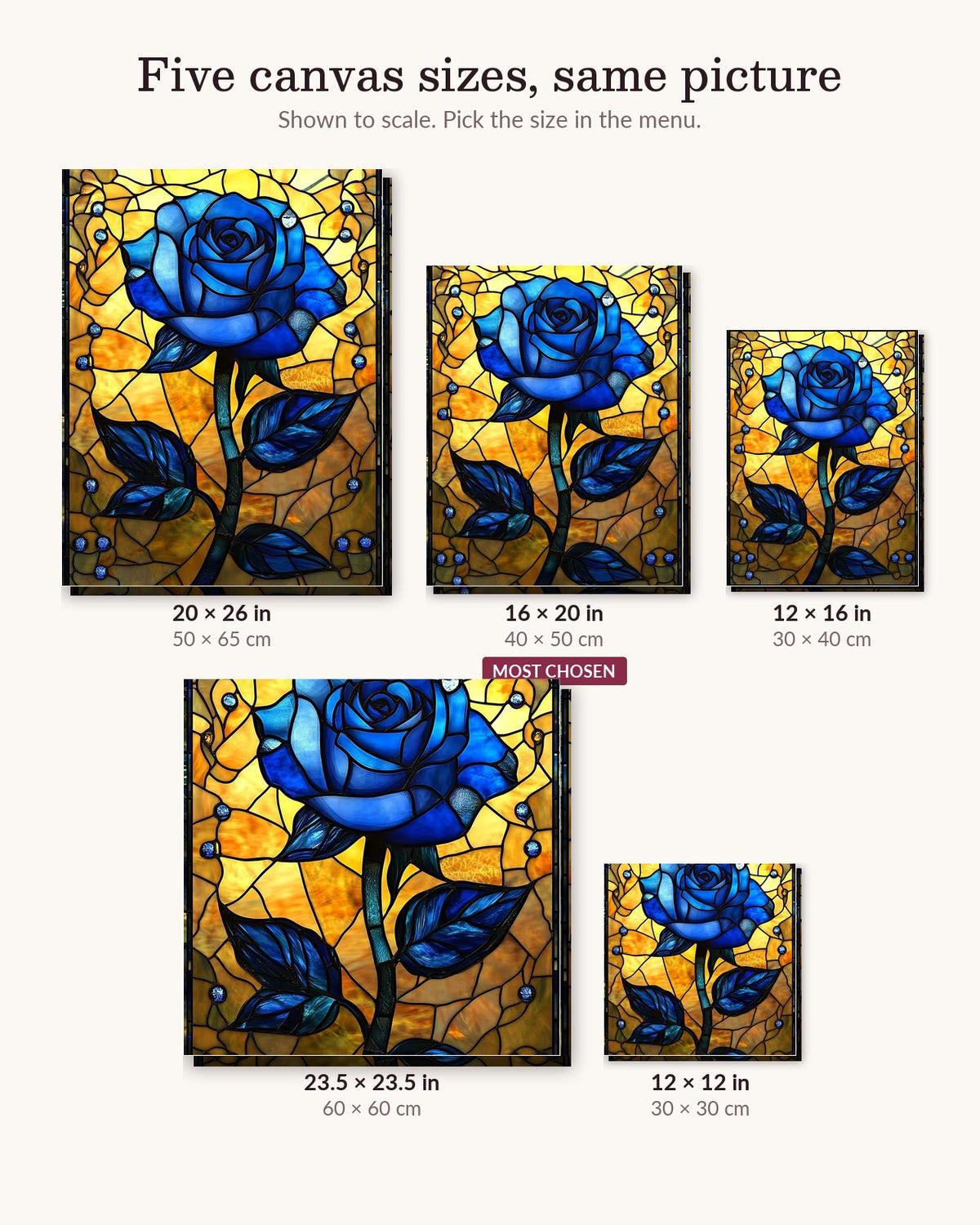 Blue Glass Flower canvas sizes from 12 x 12 to 23.5 x 23.5 inches