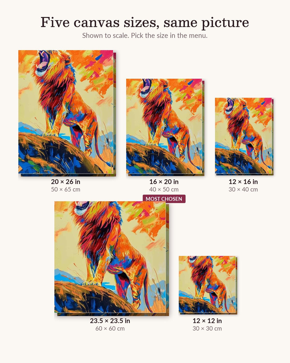 King of the Savannah's canvas sizes from 12 x 12 to 23.5 x 23.5 inches