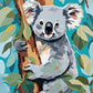 gray koala holding a eucalyptus trunk with green leaves and a teal blue background, paint by numbers kit