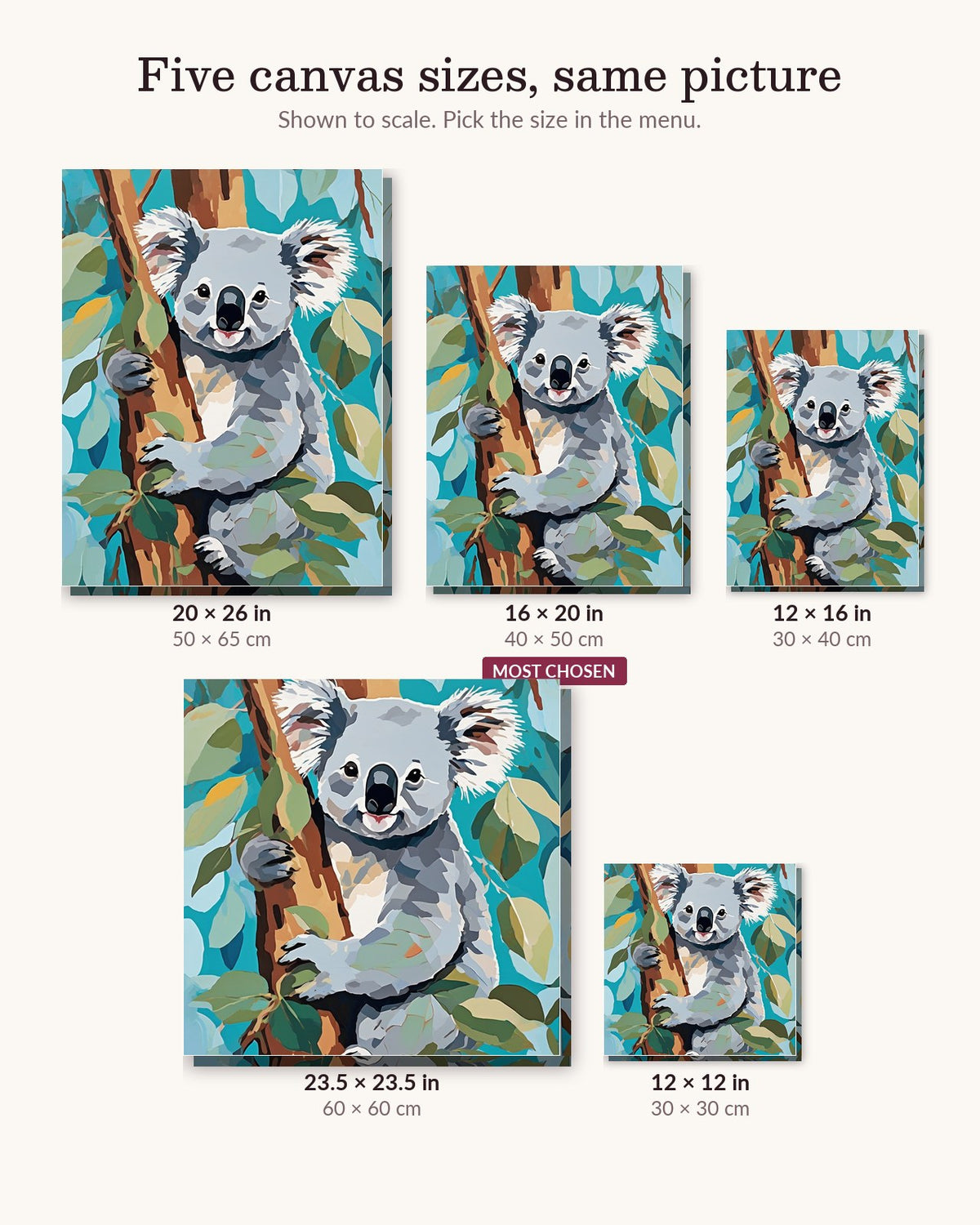 Koala Hugging a Eucalyptus Trunk canvas sizes from 12 x 12 to 23.5 x 23.5 inches