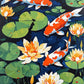 orange and white koi fish swimming among lily pads and water lilies in dark blue water, paint by numbers kit