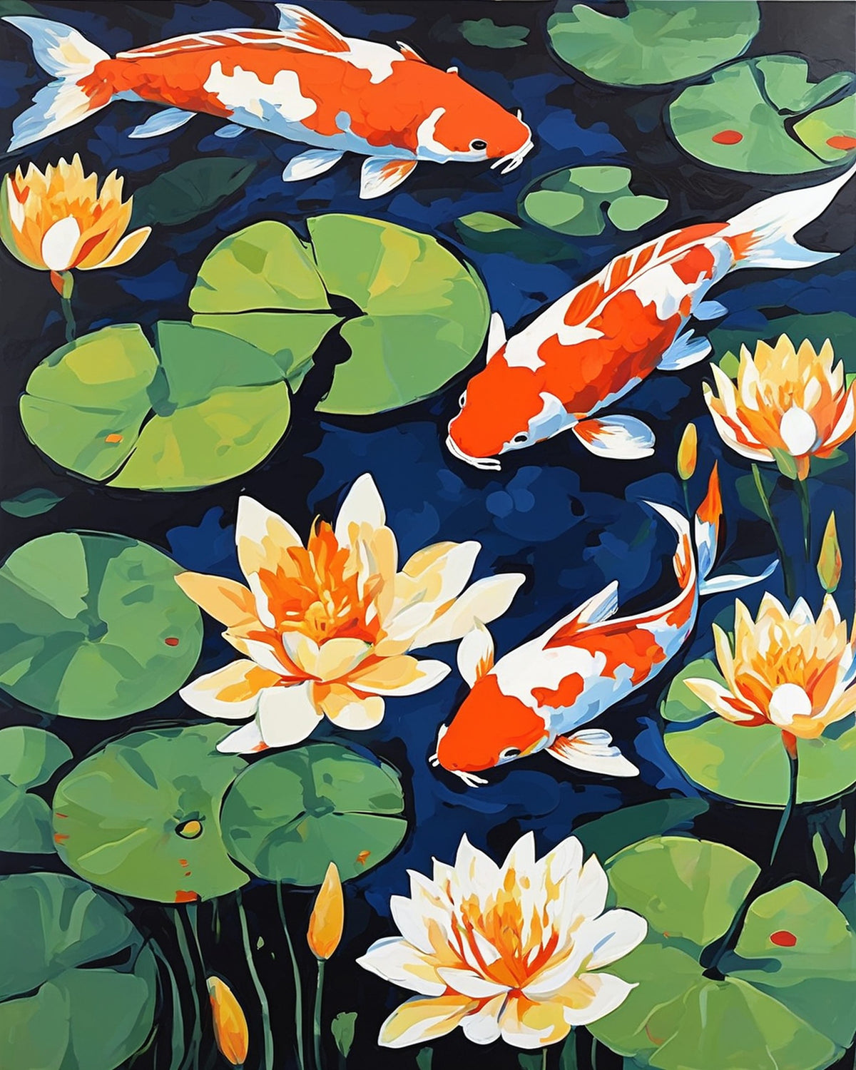 orange and white koi fish swimming among lily pads and water lilies in dark blue water, paint by numbers kit