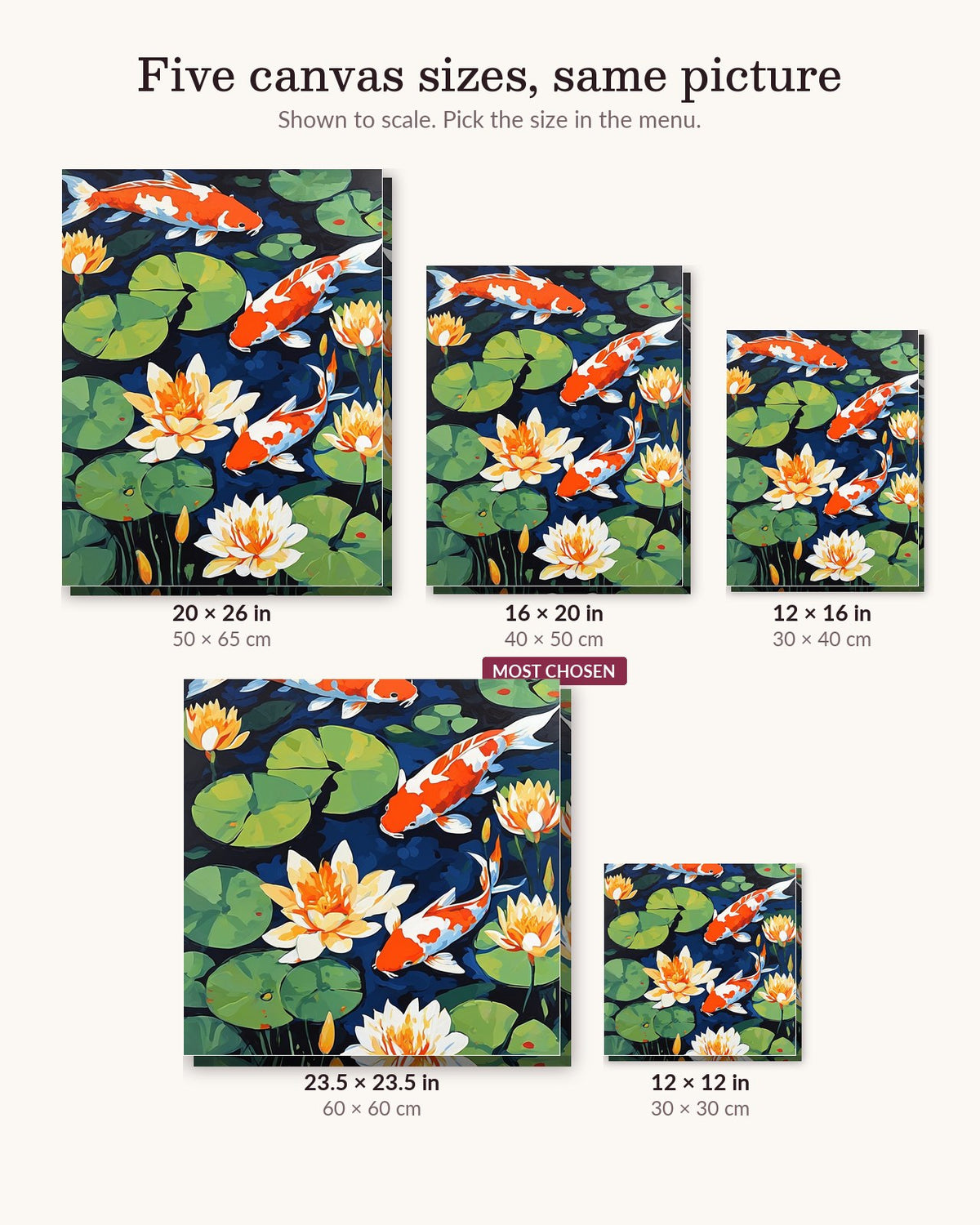Koi Fish and Water Lilies canvas sizes from 12 x 12 to 23.5 x 23.5 inches