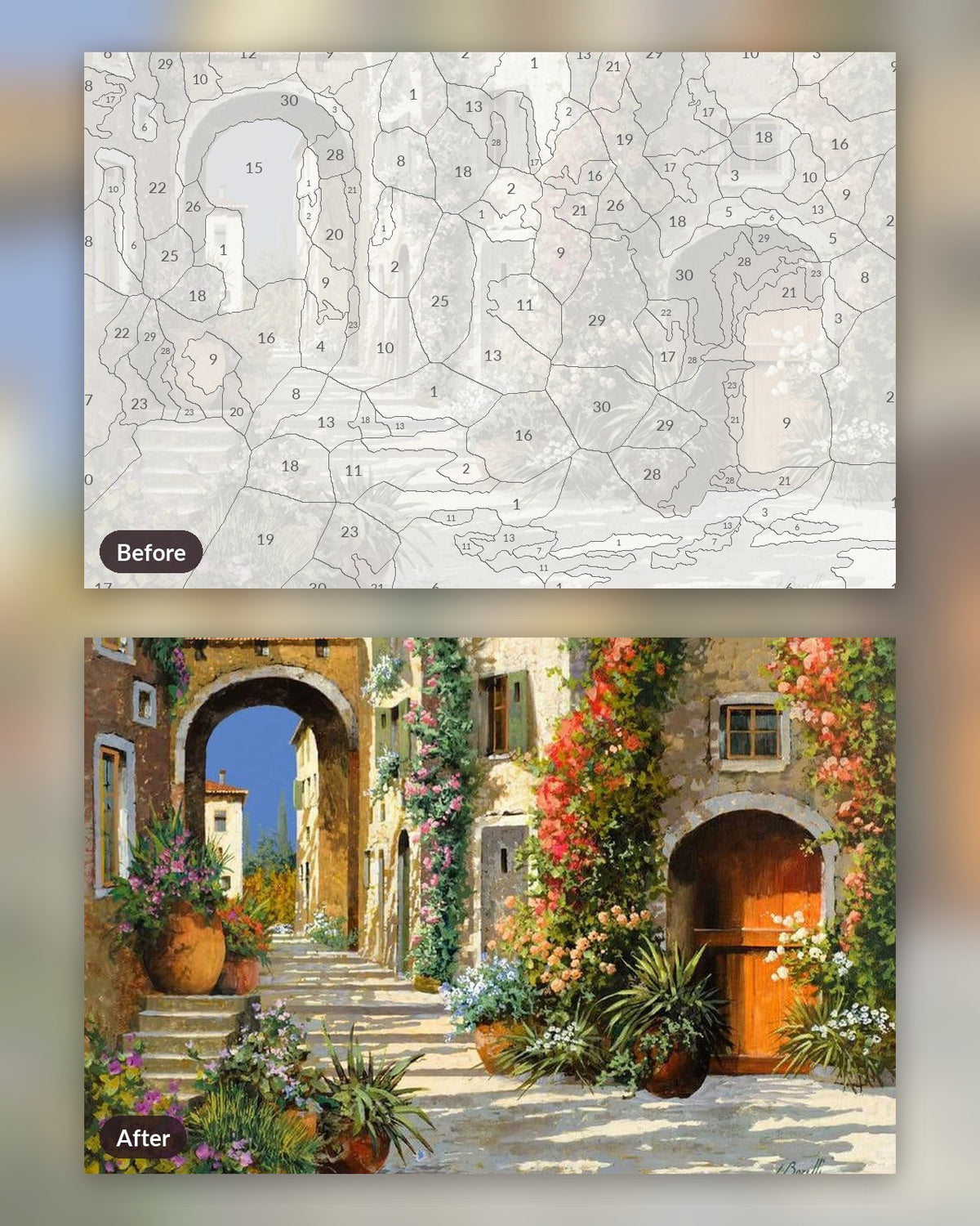 The Scarlet Door on the Ascent paint by numbers kit, before and after