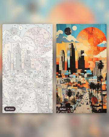 LA Skyline paint by numbers kit, before and after