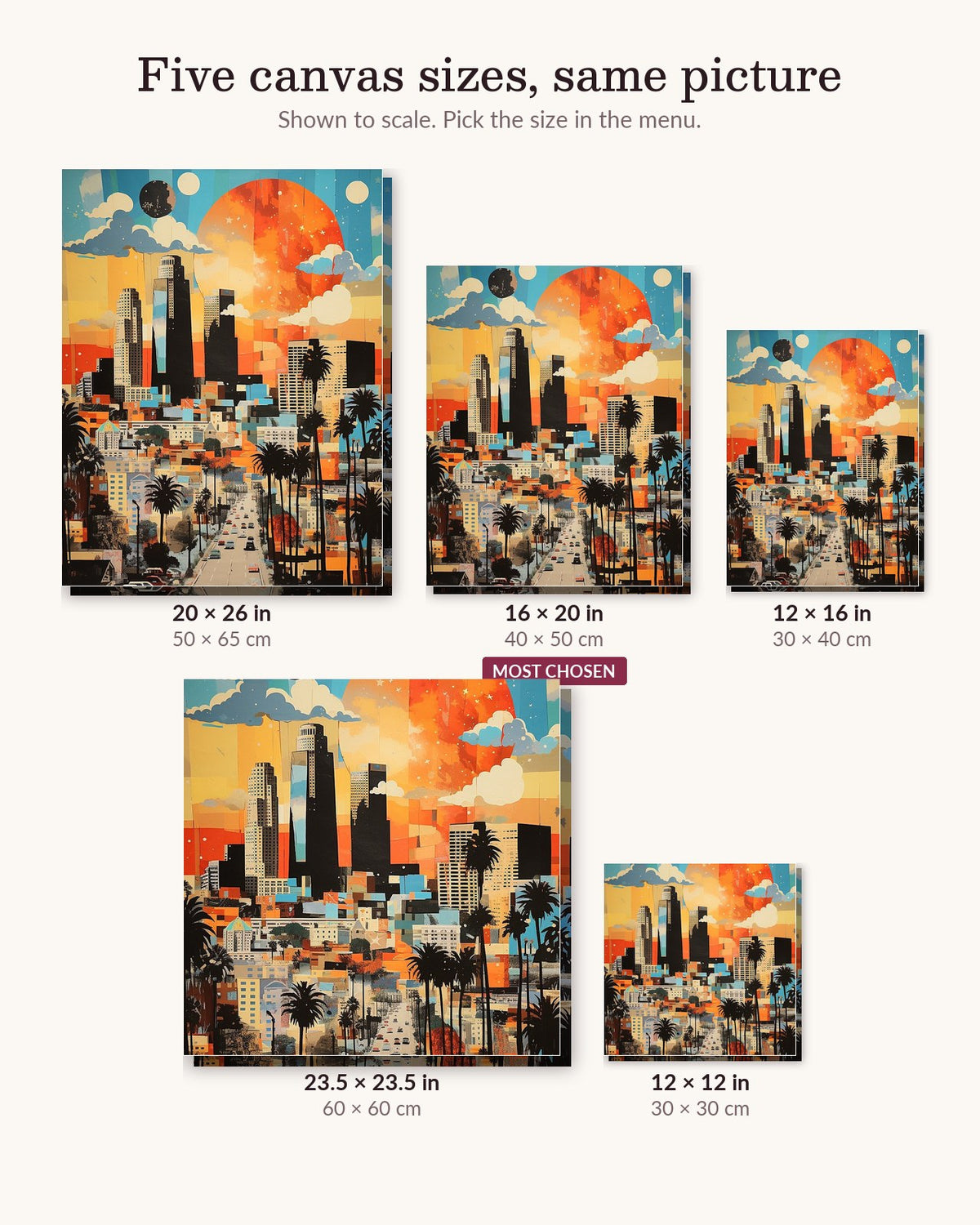 LA Skyline canvas sizes from 12 x 12 to 23.5 x 23.5 inches