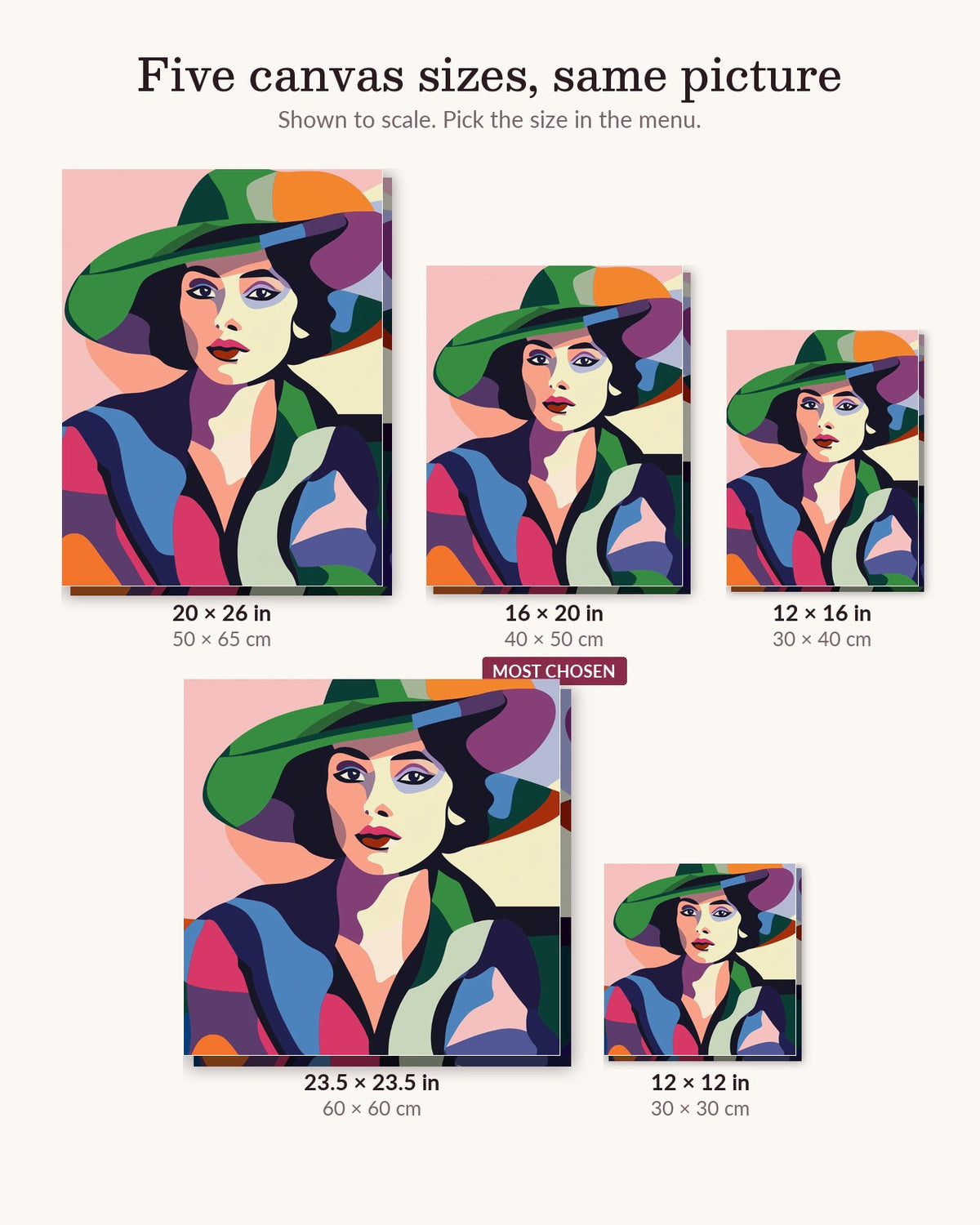 Lady in a Hat canvas sizes from 12 x 12 to 23.5 x 23.5 inches
