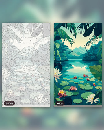 Lilies of the Lagoon paint by numbers kit, before and after