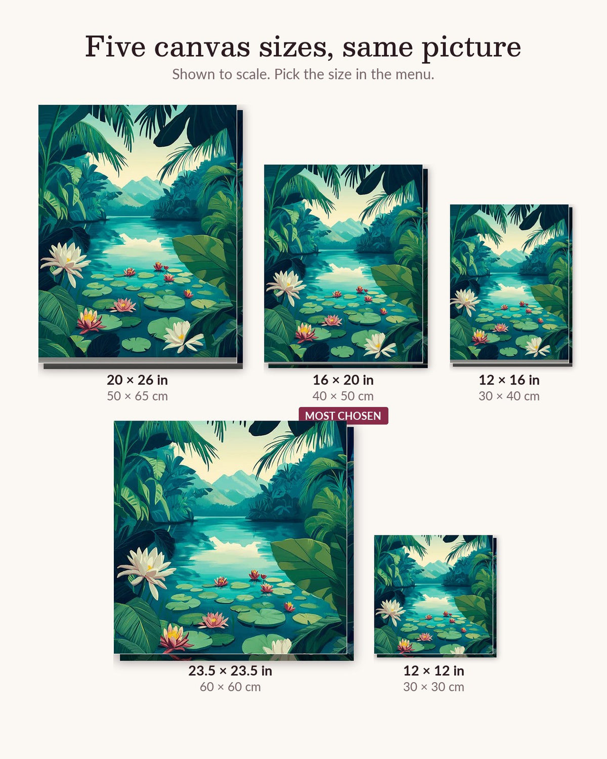 Lilies of the Lagoon canvas sizes from 12 x 12 to 23.5 x 23.5 inches